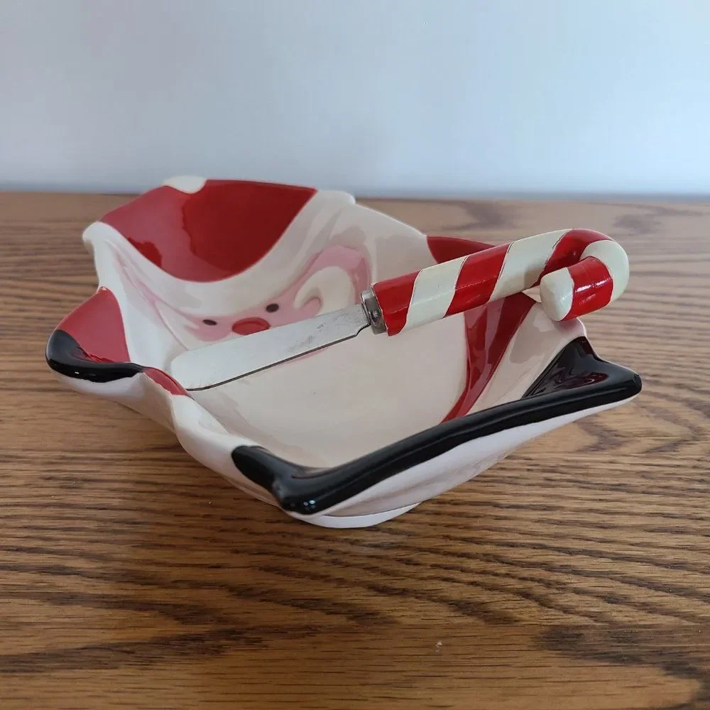 Boston Warehouse Santa Ceramic Serving Dish and Candy Cane Spreader Vintage 2006